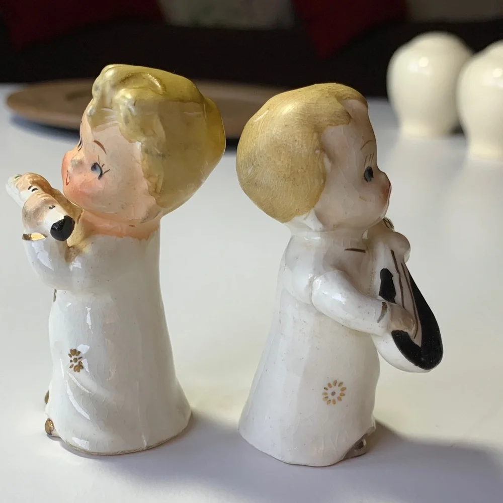 Vintage Mid-Century Ceramic Musician Pair - Cream & Gold Gilt - MCM Kitsch